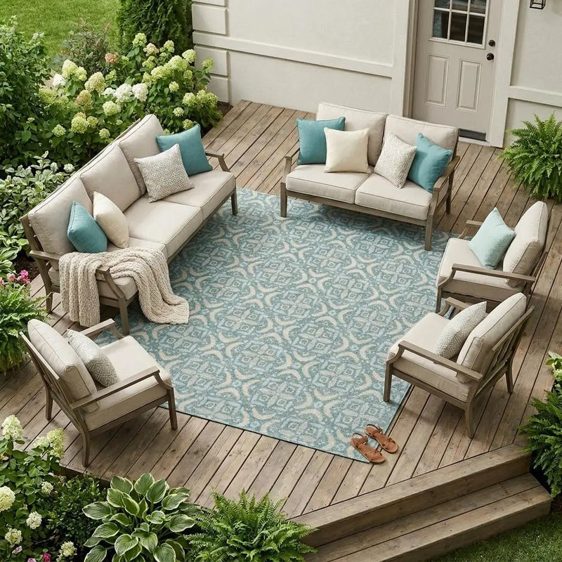 9' X 12' Teal Blue And Silver Geometric Washable Indoor Outdoor Area Rug Homeroots Outdoor