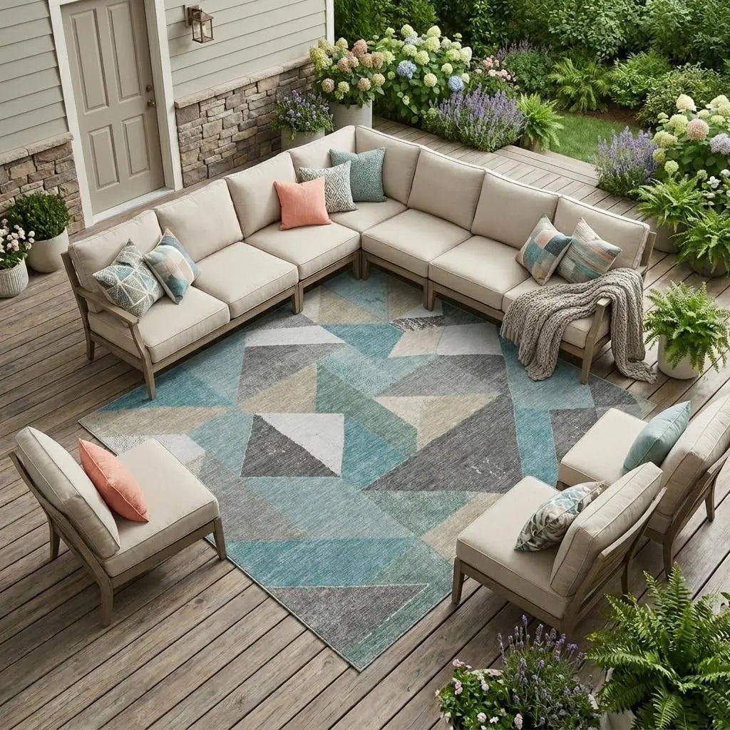 9' X 12' Teal Blue And Silver Geometric Washable Indoor Outdoor Area Rug Homeroots Outdoor
