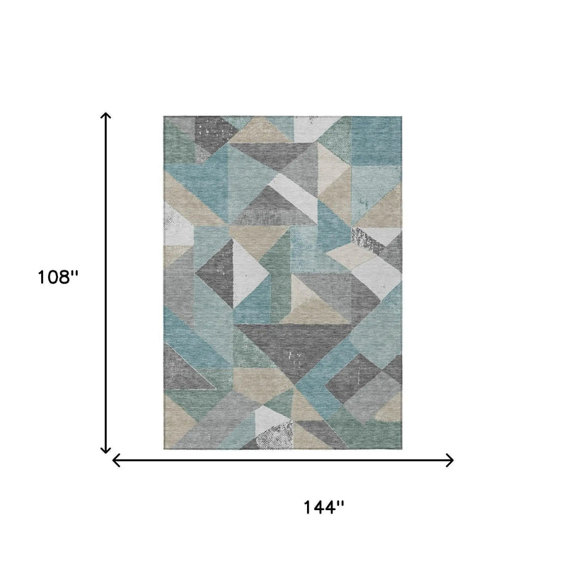 9' X 12' Teal Blue And Silver Geometric Washable Indoor Outdoor Area Rug Homeroots Outdoor