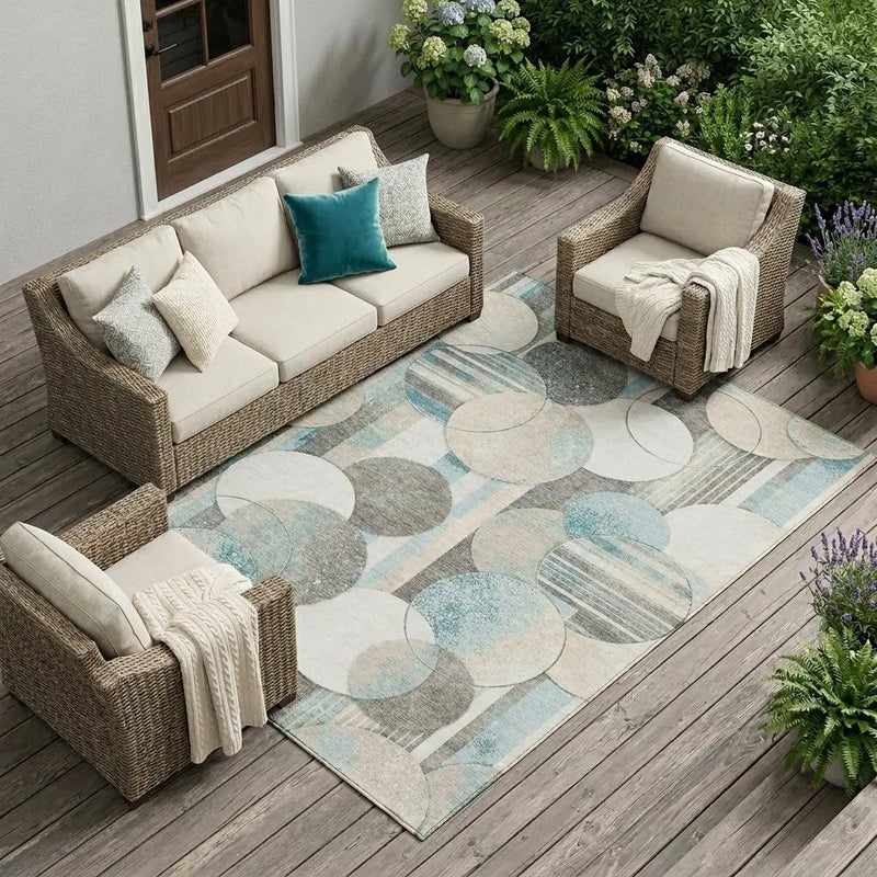 9' X 12' Teal Blue And Silver Geometric Washable Indoor Outdoor Area Rug Homeroots Outdoor