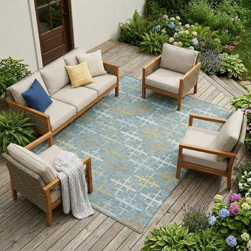 9' X 12' Teal Blue And Silver Geometric Washable Indoor Outdoor Area Rug Homeroots Outdoor