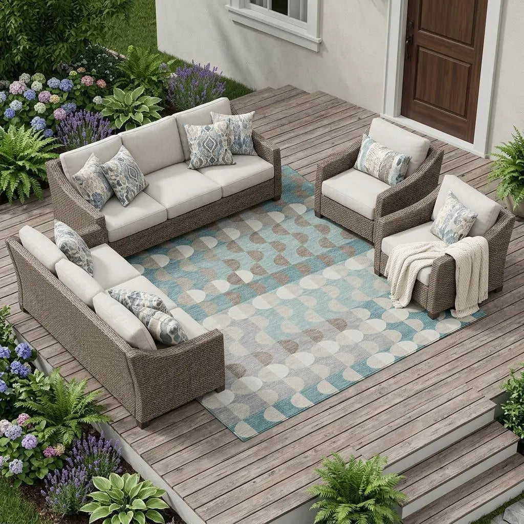 9' X 12' Teal Blue And Silver Geometric Washable Indoor Outdoor Area Rug Homeroots Outdoor