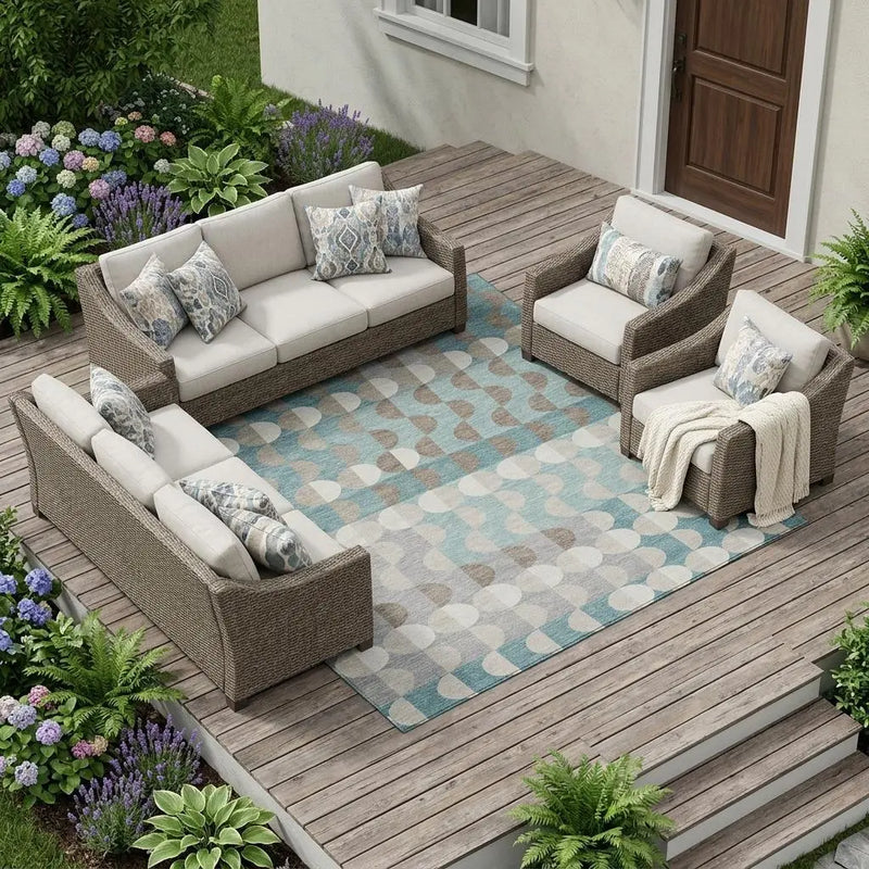 9' X 12' Teal Blue And Silver Geometric Washable Indoor Outdoor Area Rug Homeroots Outdoor