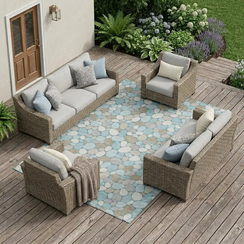 9' X 12' Teal Blue And Silver Geometric Washable Indoor Outdoor Area Rug Homeroots Outdoor