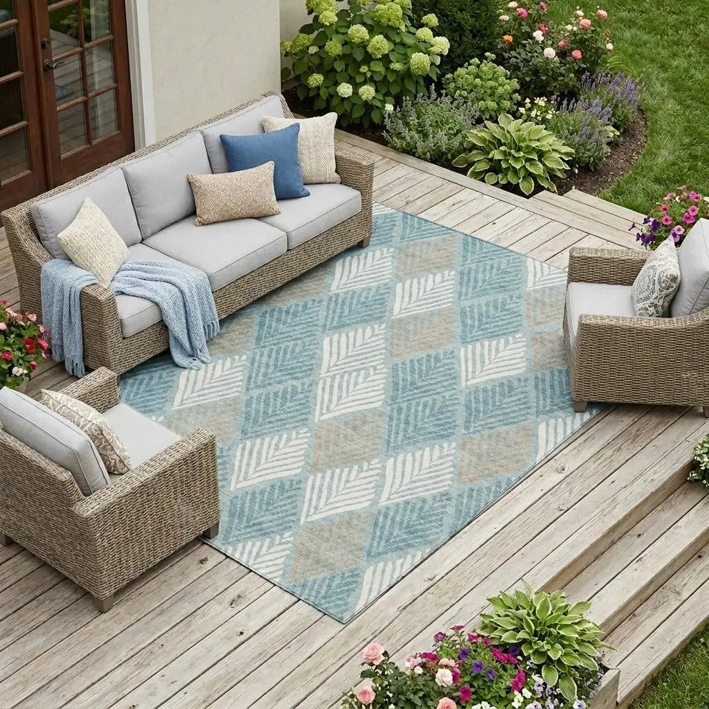 9' X 12' Teal Blue And Silver Geometric Washable Indoor Outdoor Area Rug Homeroots Outdoor