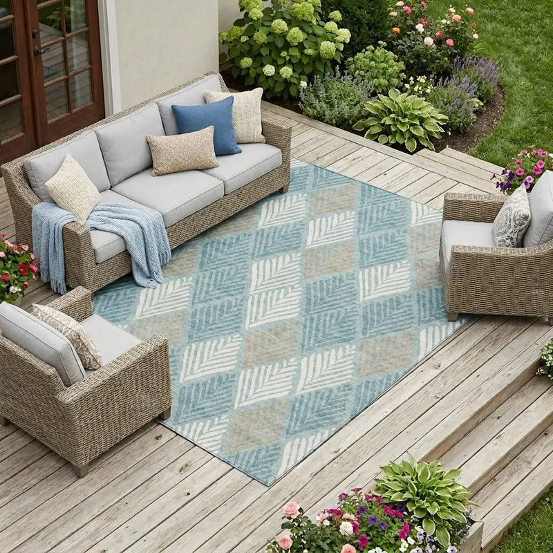 9' X 12' Teal Blue And Silver Geometric Washable Indoor Outdoor Area Rug Homeroots Outdoor