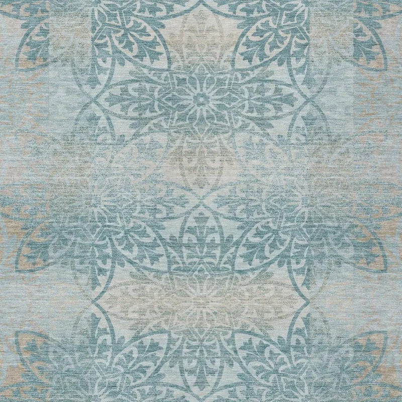 9' X 12' Teal Blue And Silver Oriental Washable Indoor Outdoor Area Rug Homeroots Outdoor