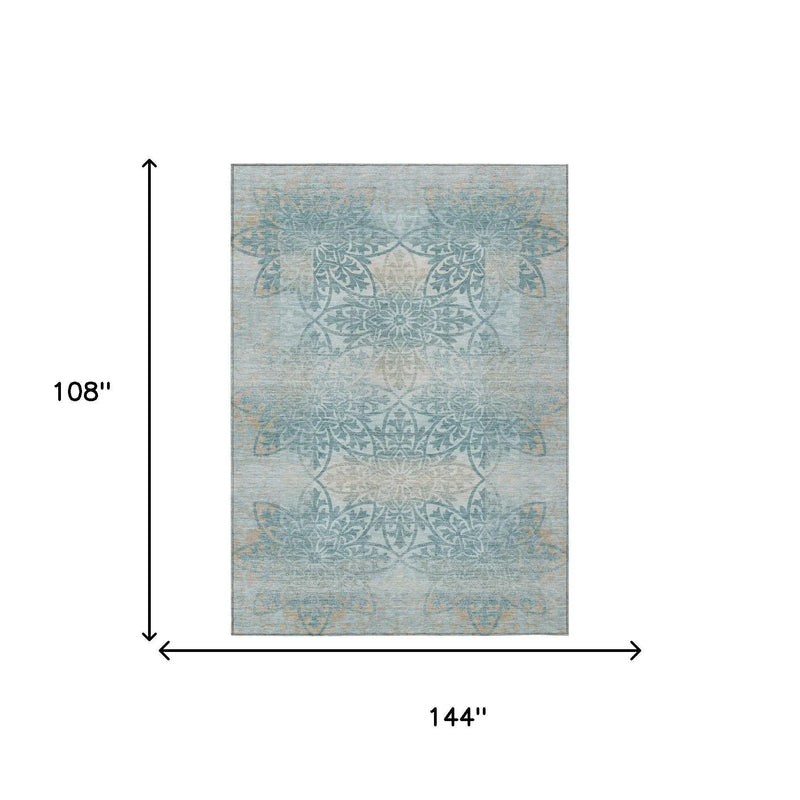 9' X 12' Teal Blue And Silver Oriental Washable Indoor Outdoor Area Rug Homeroots Outdoor