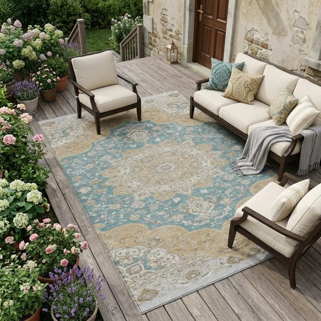 9' X 12' Teal Blue And Silver Oriental Washable Indoor Outdoor Area Rug Homeroots Outdoor