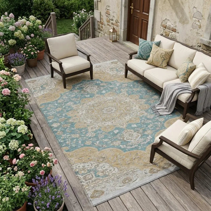 9' X 12' Teal Blue And Silver Oriental Washable Indoor Outdoor Area Rug Homeroots Outdoor