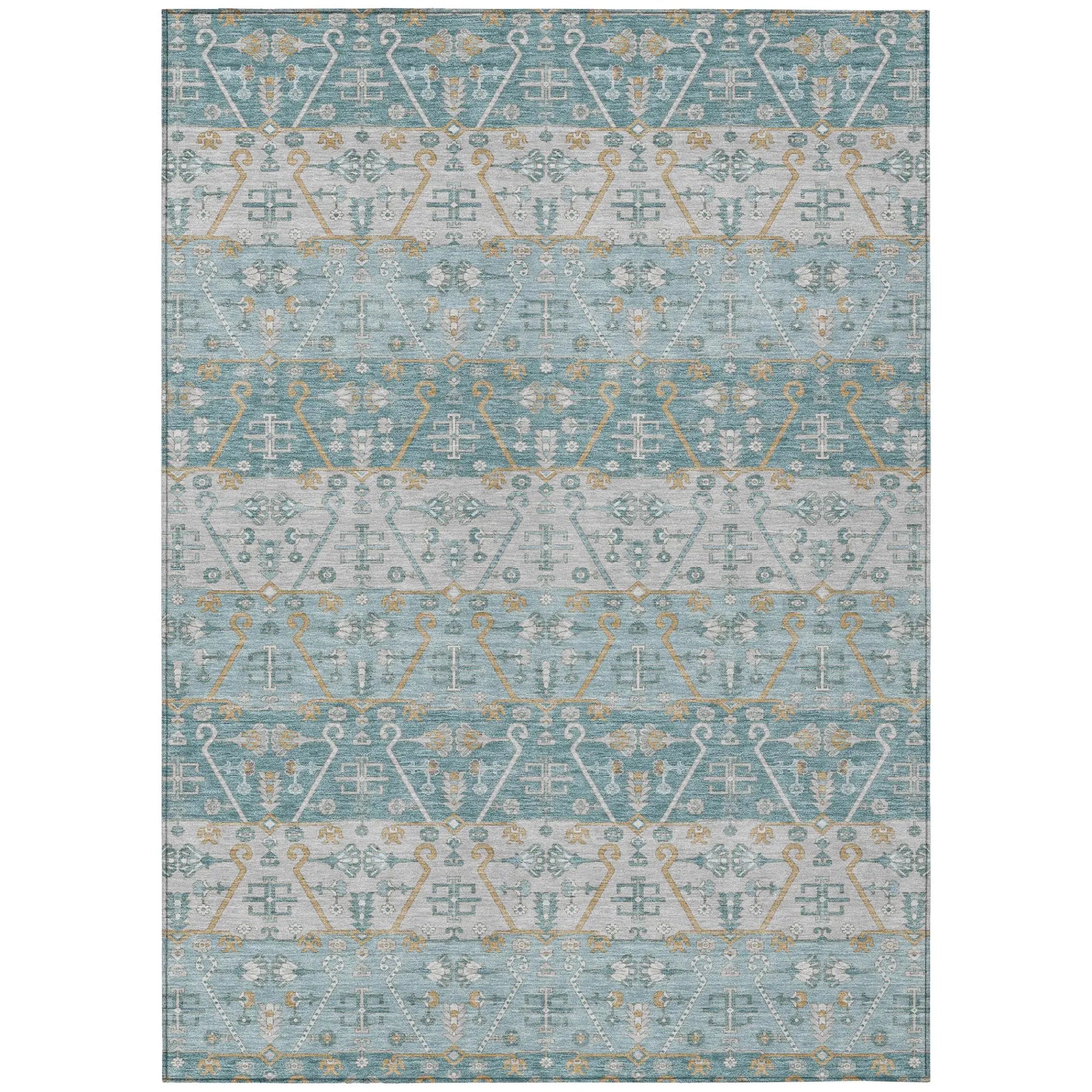 9' X 12' Teal Blue And Silver Oriental Washable Indoor Outdoor Area Rug Homeroots Outdoor