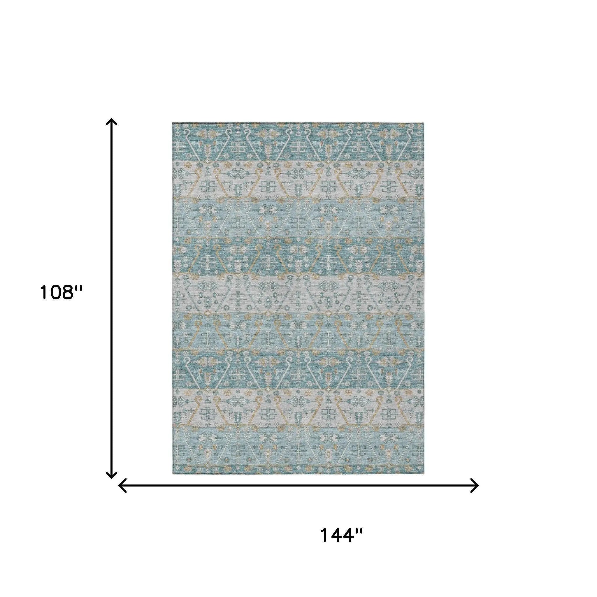9' X 12' Teal Blue And Silver Oriental Washable Indoor Outdoor Area Rug Homeroots Outdoor
