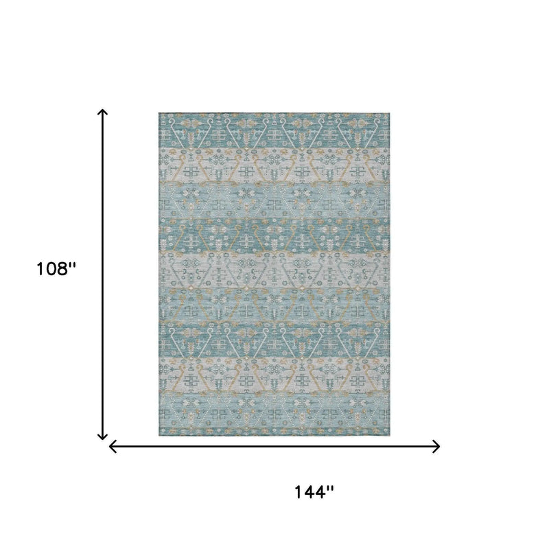 9' X 12' Teal Blue And Silver Oriental Washable Indoor Outdoor Area Rug Homeroots Outdoor