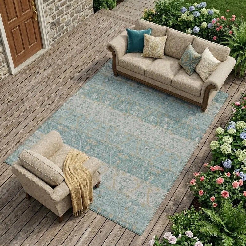 9' X 12' Teal Blue And Silver Oriental Washable Indoor Outdoor Area Rug Homeroots Outdoor