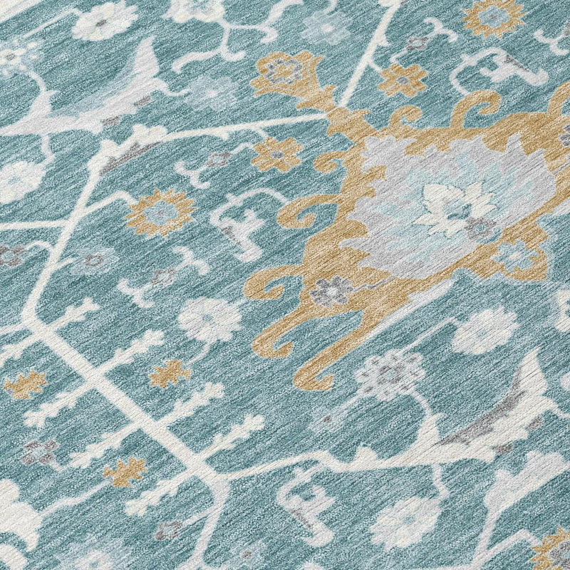 9' X 12' Teal Blue And Silver Oriental Washable Indoor Outdoor Area Rug Homeroots Outdoor