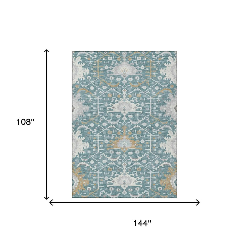 9' X 12' Teal Blue And Silver Oriental Washable Indoor Outdoor Area Rug Homeroots Outdoor