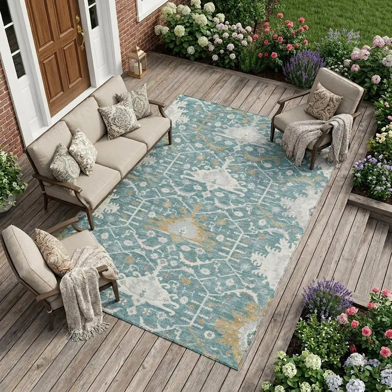 9' X 12' Teal Blue And Silver Oriental Washable Indoor Outdoor Area Rug Homeroots Outdoor
