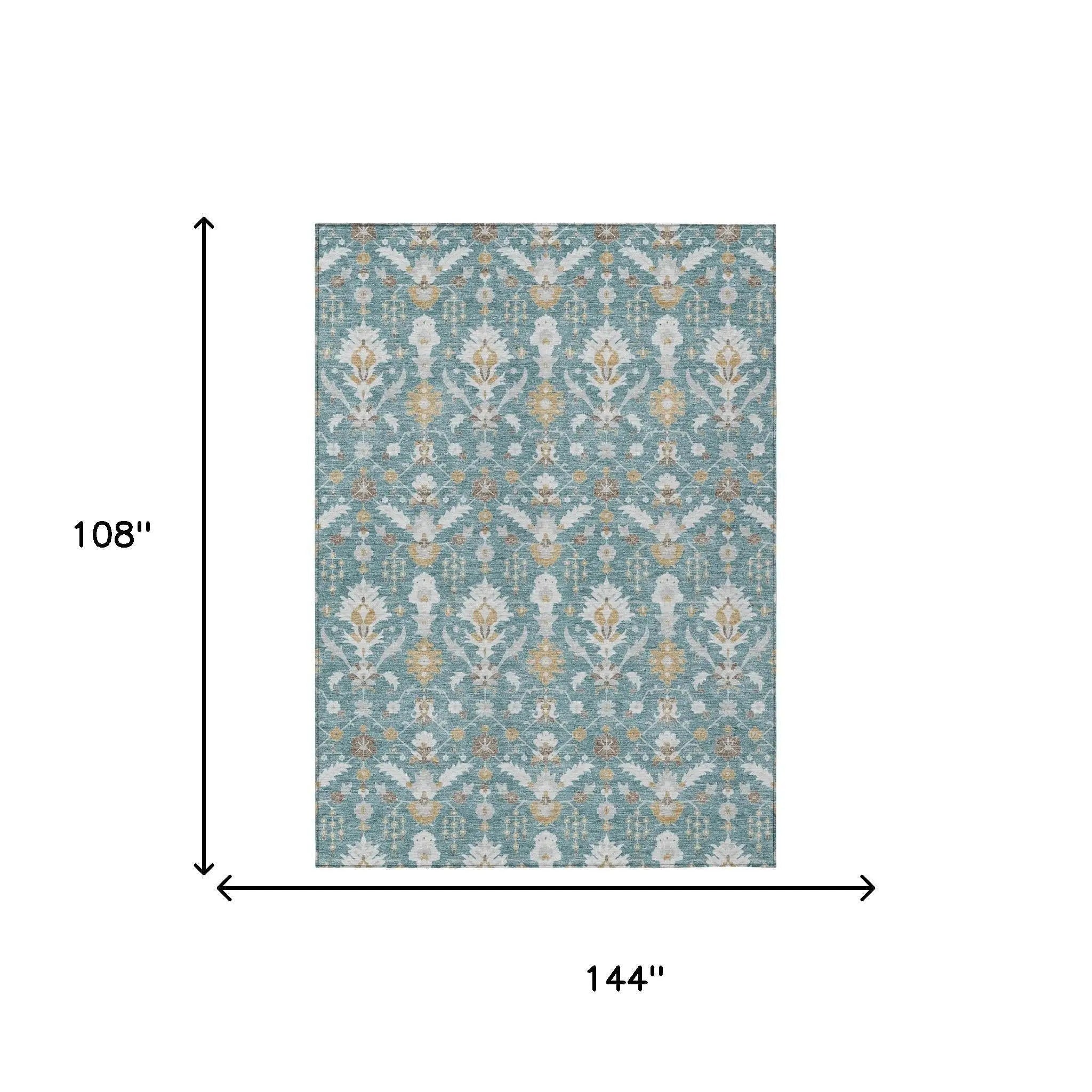 9' X 12' Teal Blue And Silver Oriental Washable Indoor Outdoor Area Rug Homeroots Outdoor