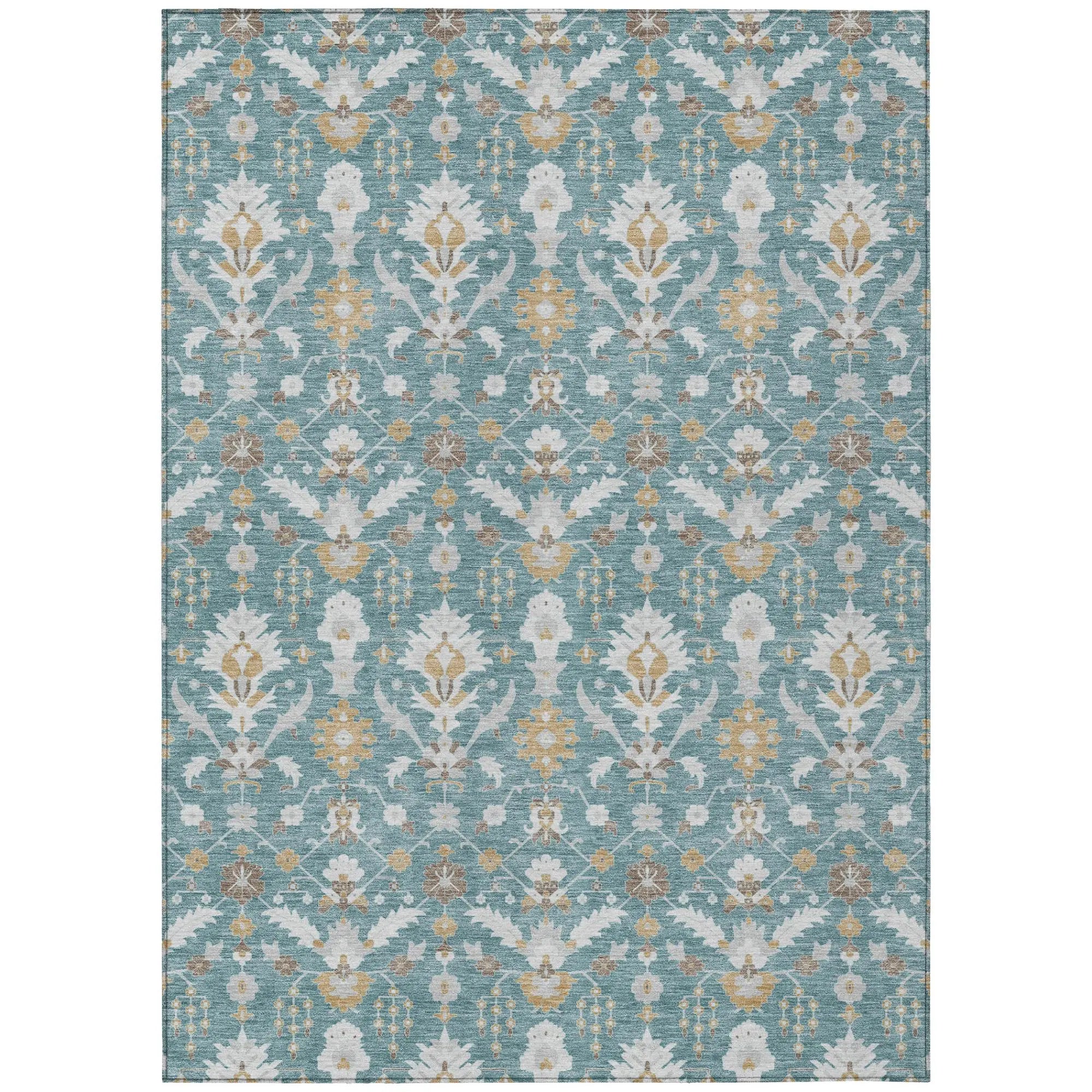 9' X 12' Teal Blue And Silver Oriental Washable Indoor Outdoor Area Rug Homeroots Outdoor