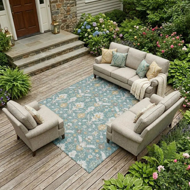 9' X 12' Teal Blue And Silver Oriental Washable Indoor Outdoor Area Rug Homeroots Outdoor