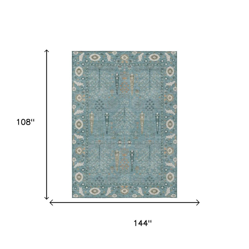 9' X 12' Teal Blue And Silver Oriental Washable Indoor Outdoor Area Rug Homeroots Outdoor