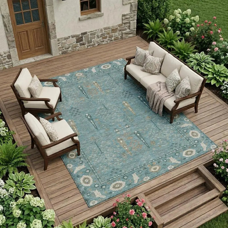 9' X 12' Teal Blue And Silver Oriental Washable Indoor Outdoor Area Rug Homeroots Outdoor