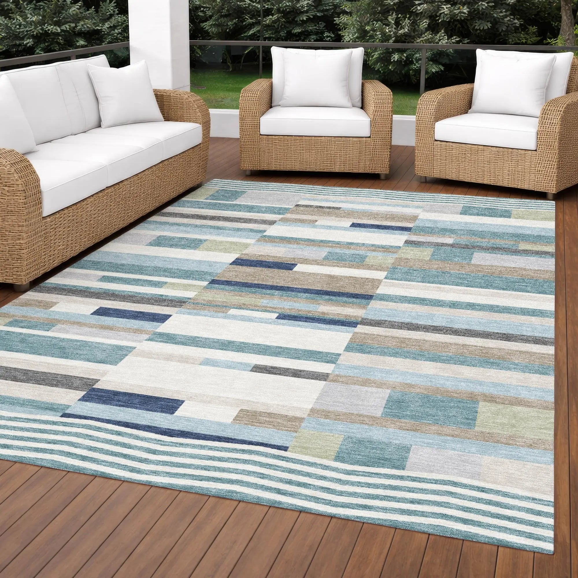 9' X 12' Teal Blue And Silver Striped Washable Indoor Outdoor Area Rug Homeroots Outdoor