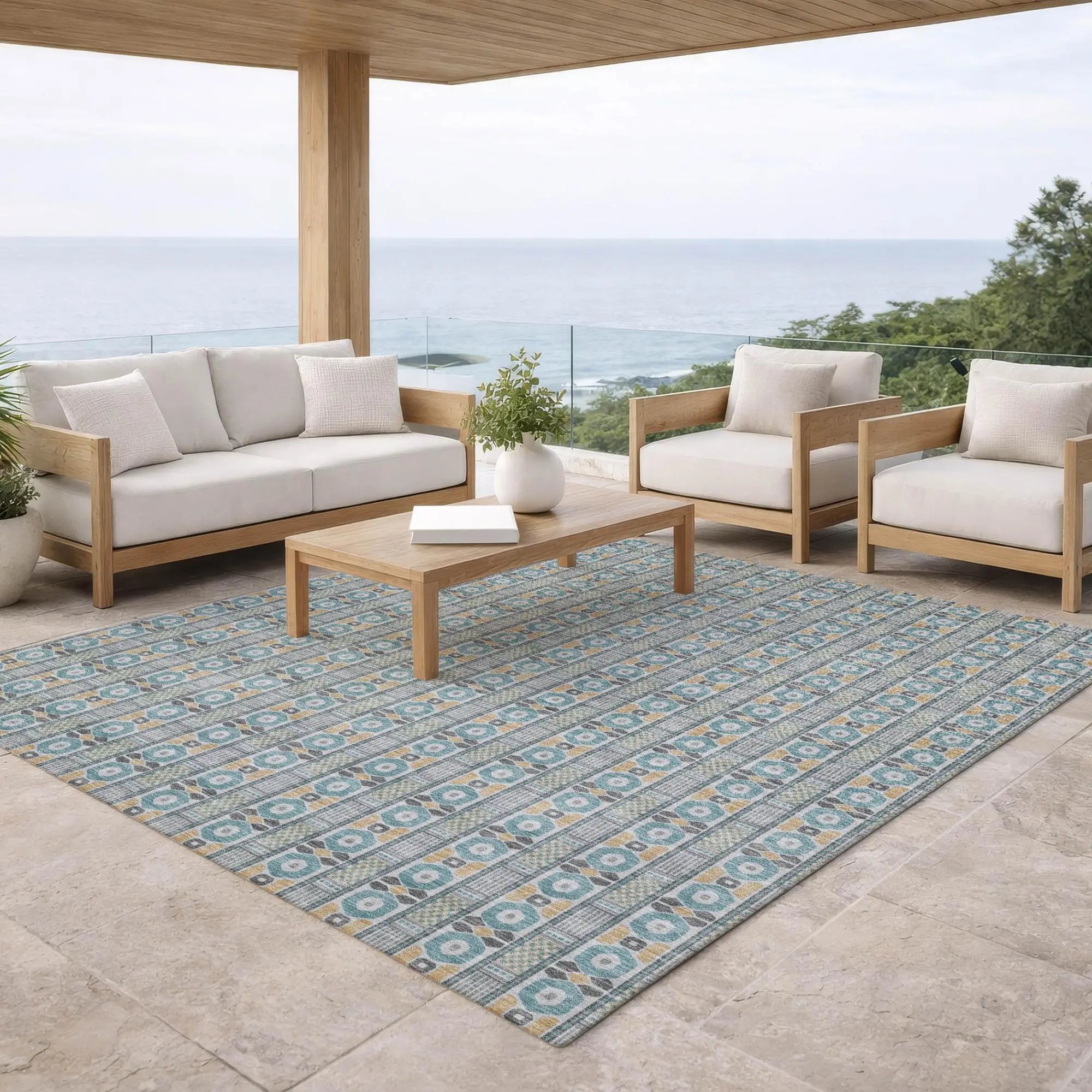 9' X 12' Teal Blue And Silver Striped Washable Indoor Outdoor Area Rug Homeroots Outdoor