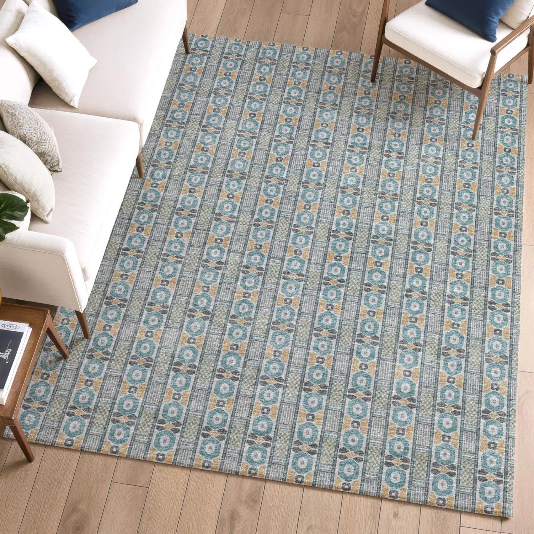 9' X 12' Teal Blue And Silver Striped Washable Indoor Outdoor Area Rug Homeroots Outdoor