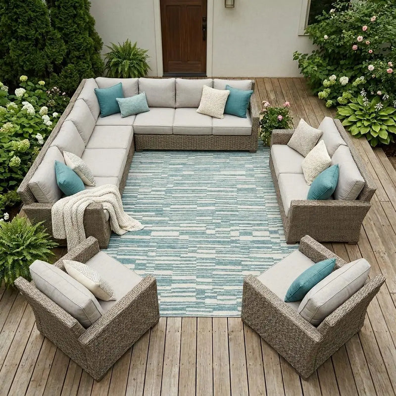 9' X 12' Teal Blue And Silver Striped Washable Indoor Outdoor Area Rug Homeroots Outdoor