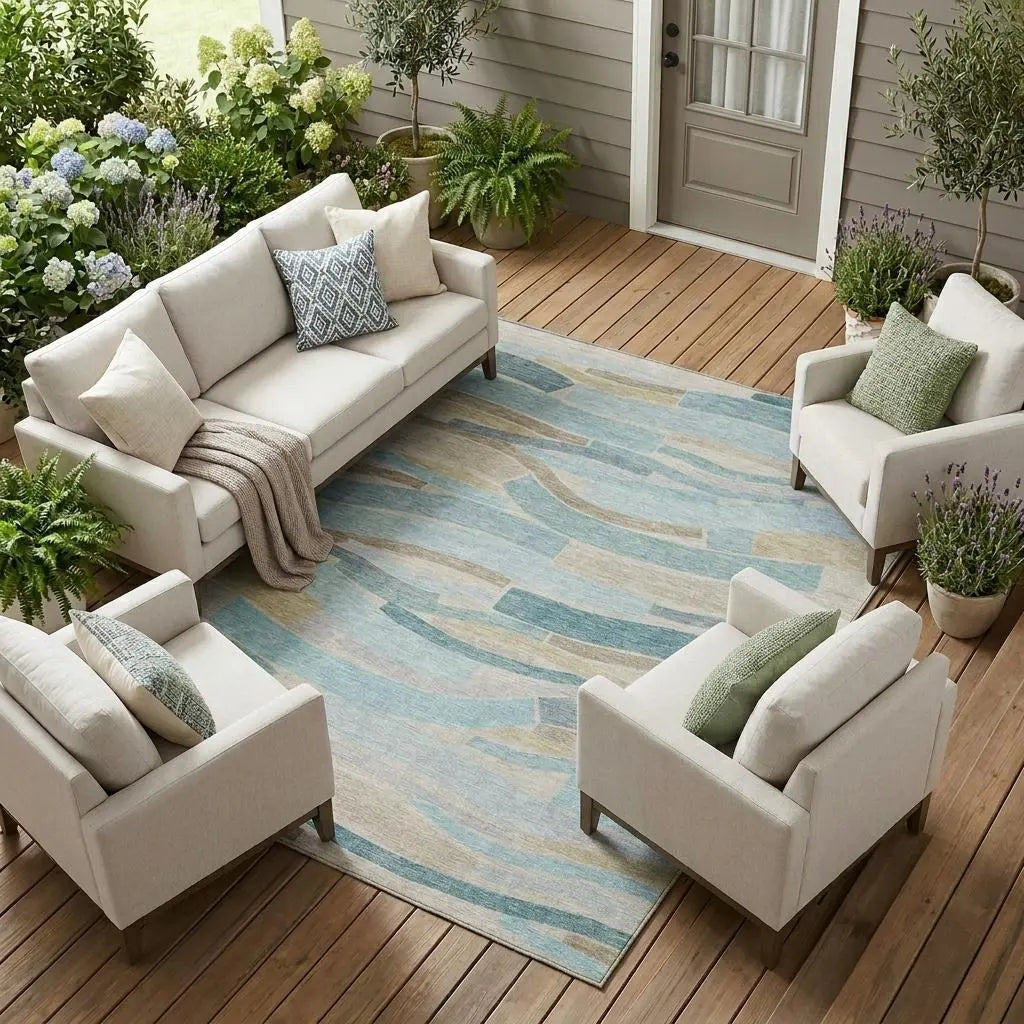 9' X 12' Teal Blue And Silver Striped Washable Indoor Outdoor Area Rug Homeroots Outdoor