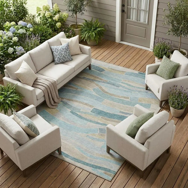 9' X 12' Teal Blue And Silver Striped Washable Indoor Outdoor Area Rug Homeroots Outdoor