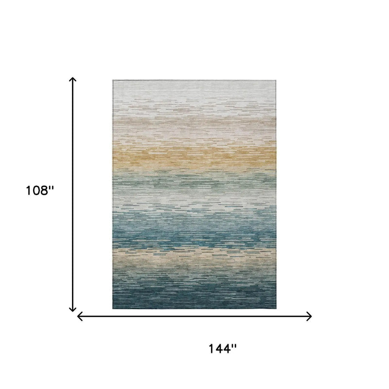 9' X 12' Teal Blue And Silver Striped Washable Indoor Outdoor Area Rug Homeroots Outdoor