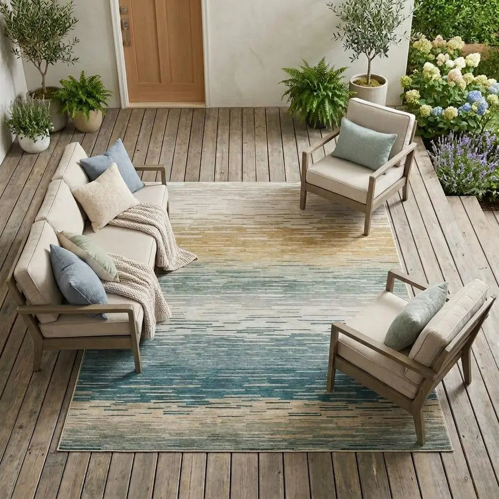 9' X 12' Teal Blue And Silver Striped Washable Indoor Outdoor Area Rug Homeroots Outdoor