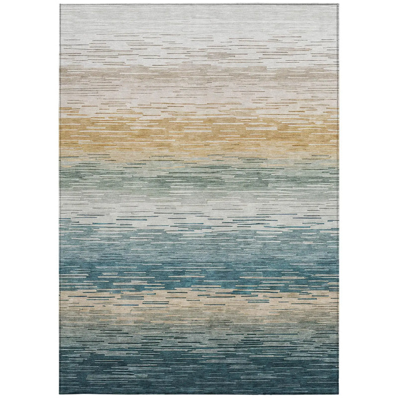 9' X 12' Teal Blue And Silver Striped Washable Indoor Outdoor Area Rug Homeroots Outdoor