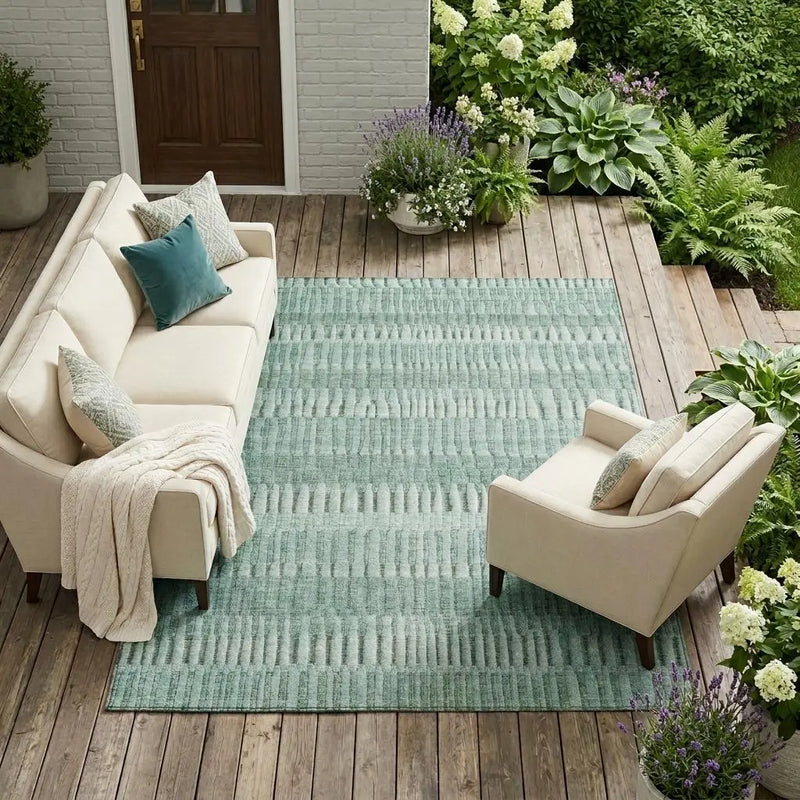 9' X 12' Teal Blue And Silver Striped Washable Indoor Outdoor Area Rug Homeroots Outdoor