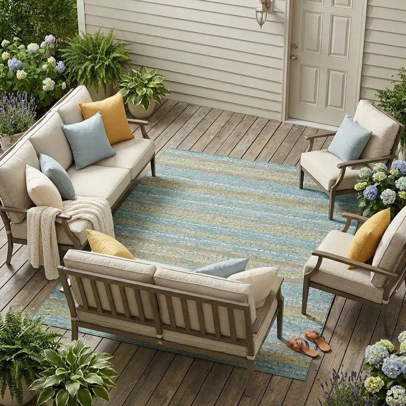 9' X 12' Teal Blue And Silver Striped Washable Indoor Outdoor Area Rug Homeroots Outdoor