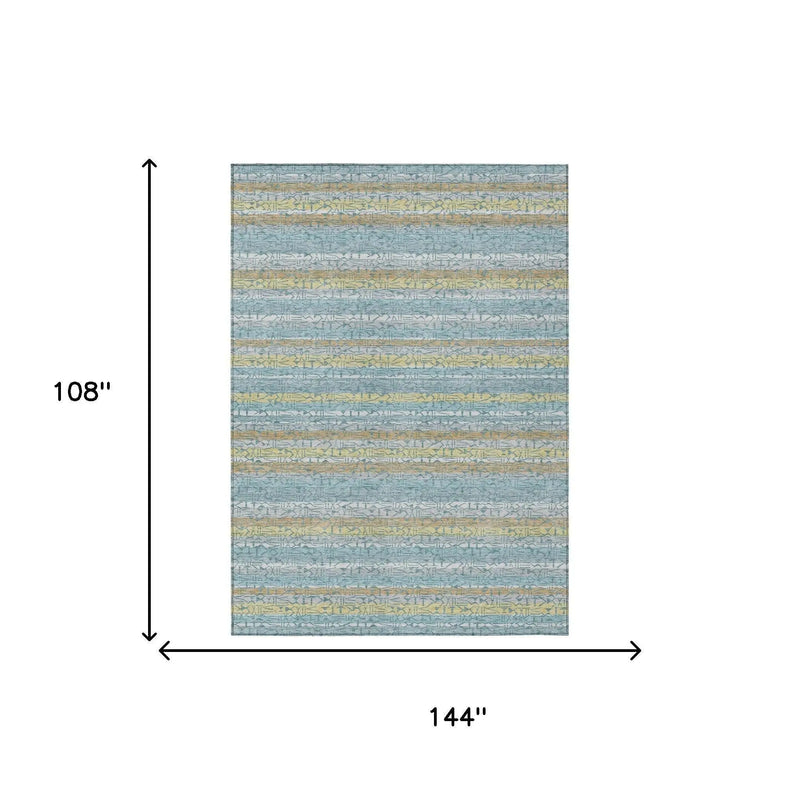9' X 12' Teal Blue And Silver Striped Washable Indoor Outdoor Area Rug Homeroots Outdoor
