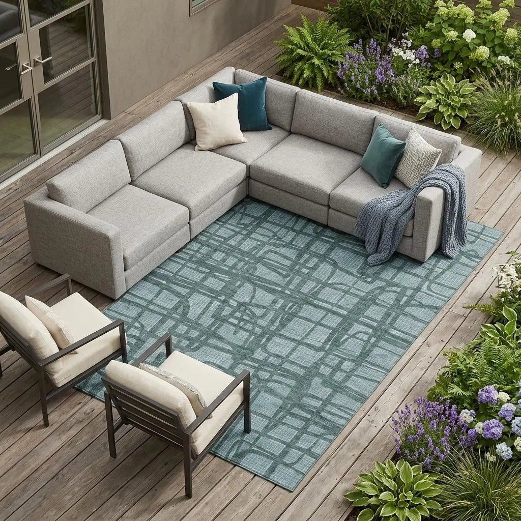 9' X 12' Teal Blue And Sky Blue Abstract Washable Indoor Outdoor Area Rug Homeroots Outdoor