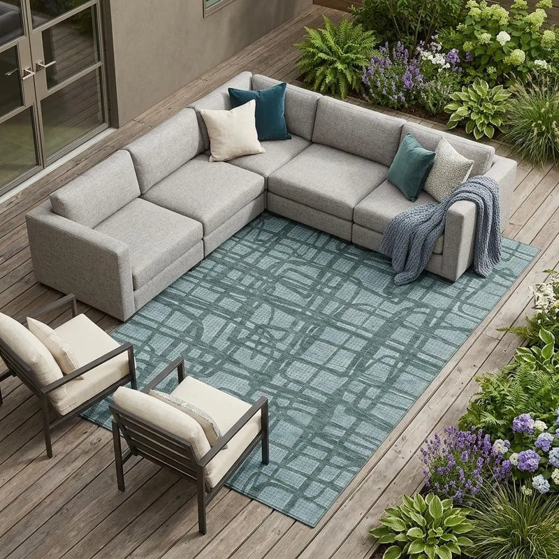 9' X 12' Teal Blue And Sky Blue Abstract Washable Indoor Outdoor Area Rug Homeroots Outdoor