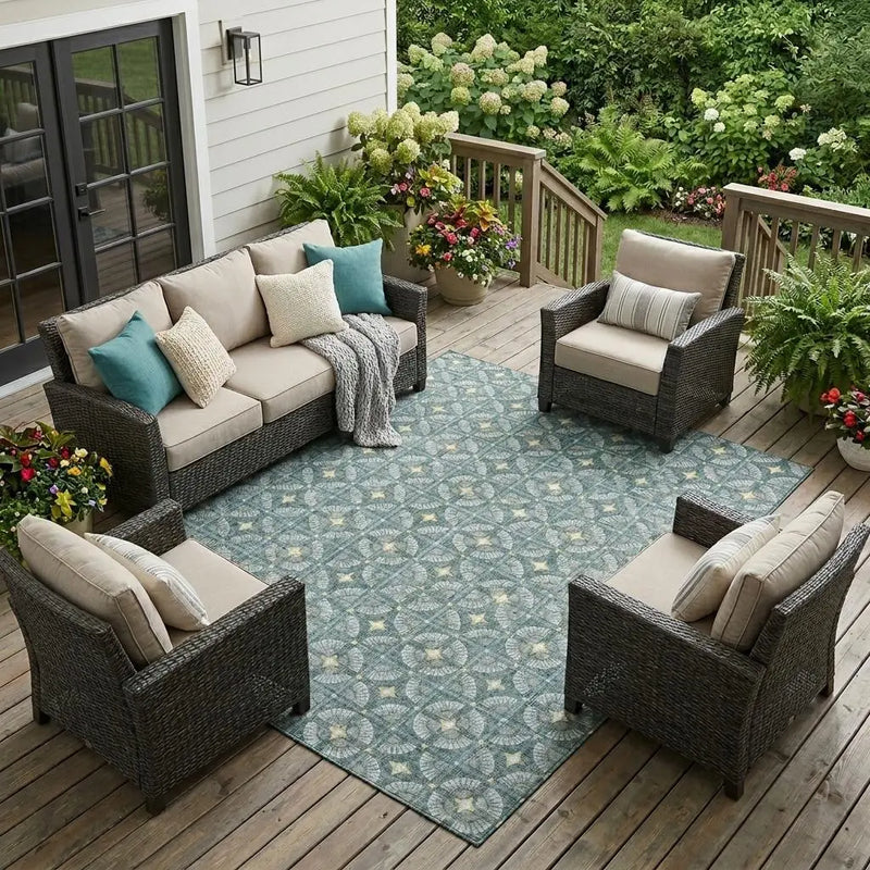 9' X 12' Teal Blue And Sky Blue Geometric Washable Indoor Outdoor Area Rug Homeroots Outdoor