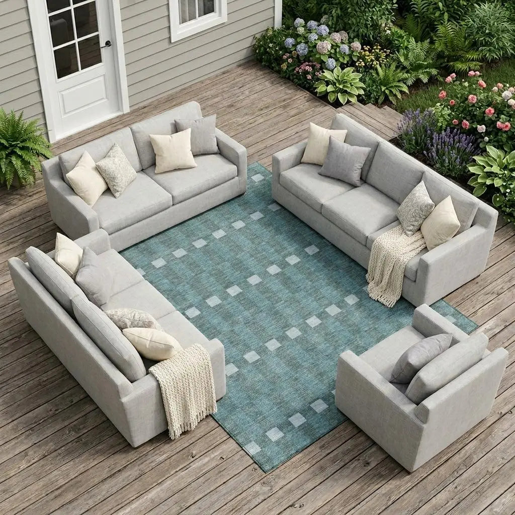 9' X 12' Teal Blue And Sky Blue Geometric Washable Indoor Outdoor Area Rug Homeroots Outdoor