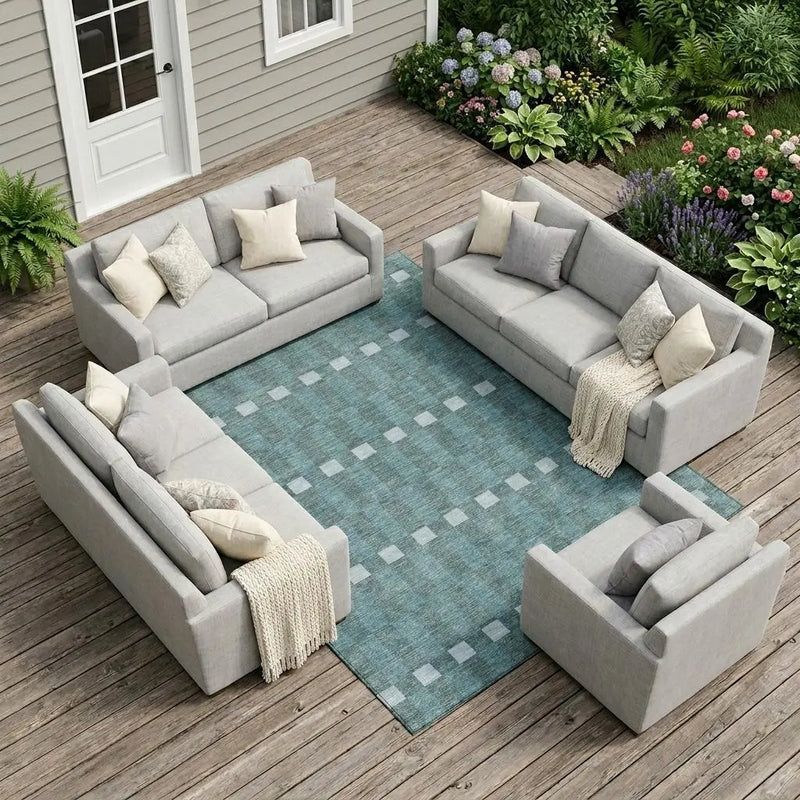 9' X 12' Teal Blue And Sky Blue Geometric Washable Indoor Outdoor Area Rug Homeroots Outdoor