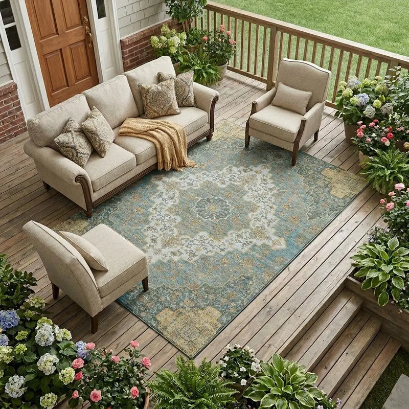 9' X 12' Teal Blue And Sky Blue Medallion Washable Indoor Outdoor Area Rug Homeroots Outdoor