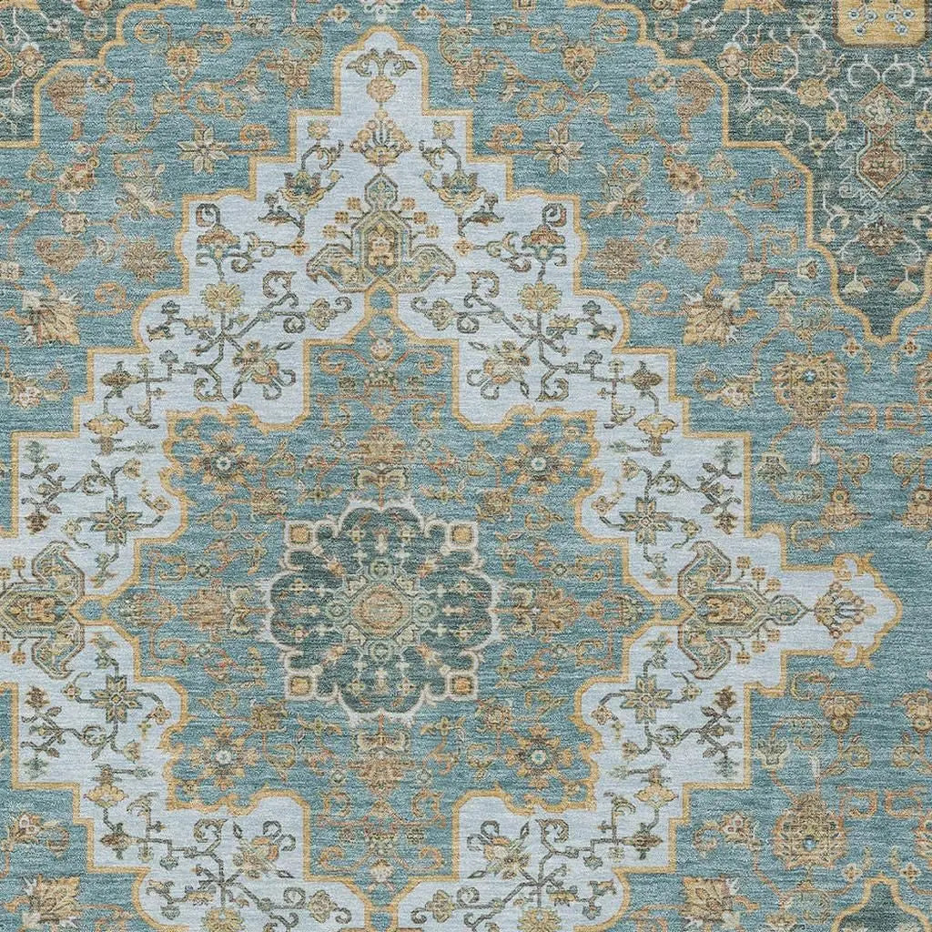 9' X 12' Teal Blue And Sky Blue Medallion Washable Indoor Outdoor Area Rug Homeroots Outdoor