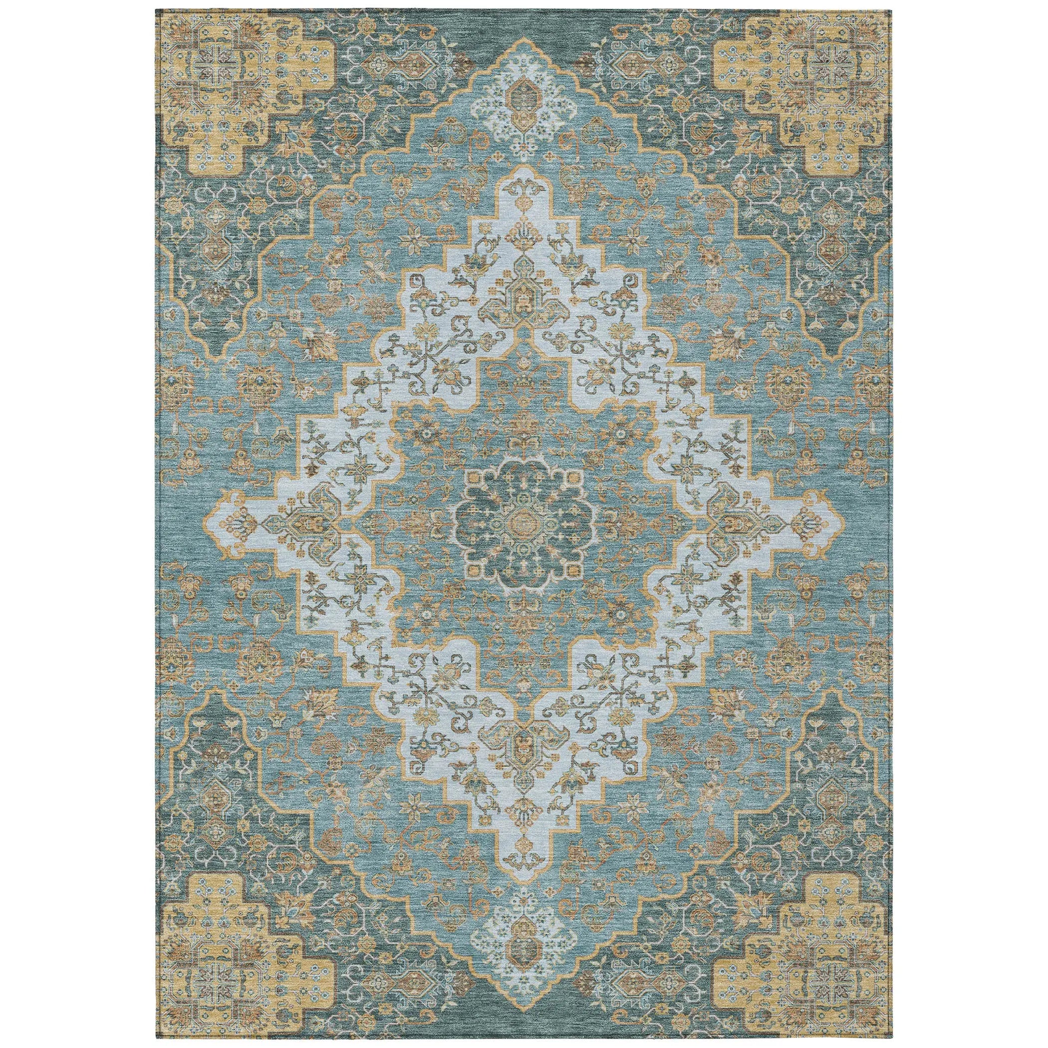 9' X 12' Teal Blue And Sky Blue Medallion Washable Indoor Outdoor Area Rug Homeroots Outdoor