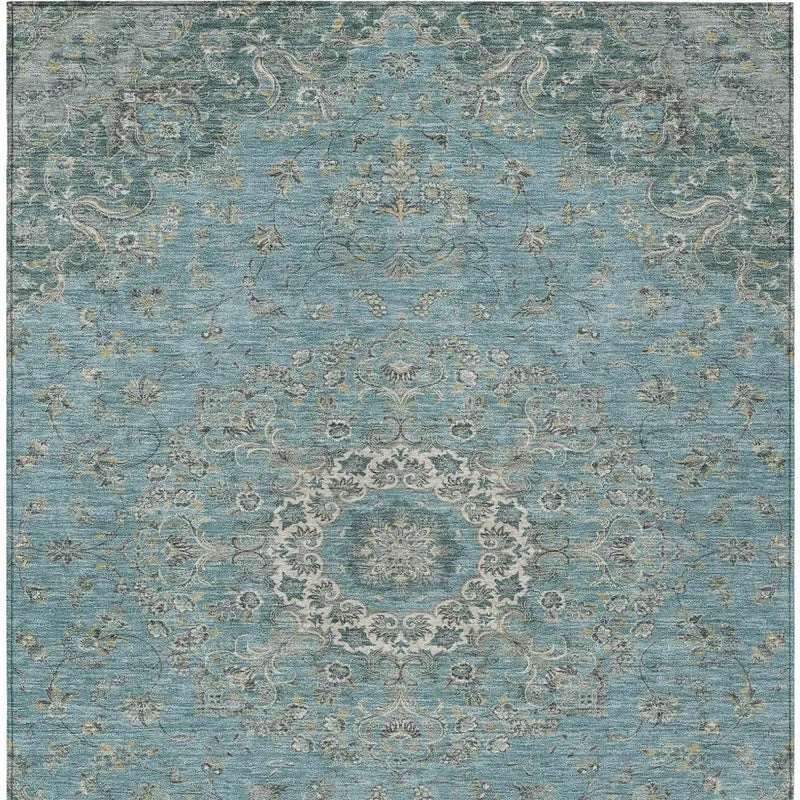 9' X 12' Teal Blue And Turquoise Floral Medallion Washable Indoor Outdoor Area Rug Homeroots Outdoor
