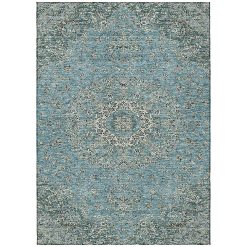 9' X 12' Teal Blue And Turquoise Floral Medallion Washable Indoor Outdoor Area Rug Homeroots Outdoor