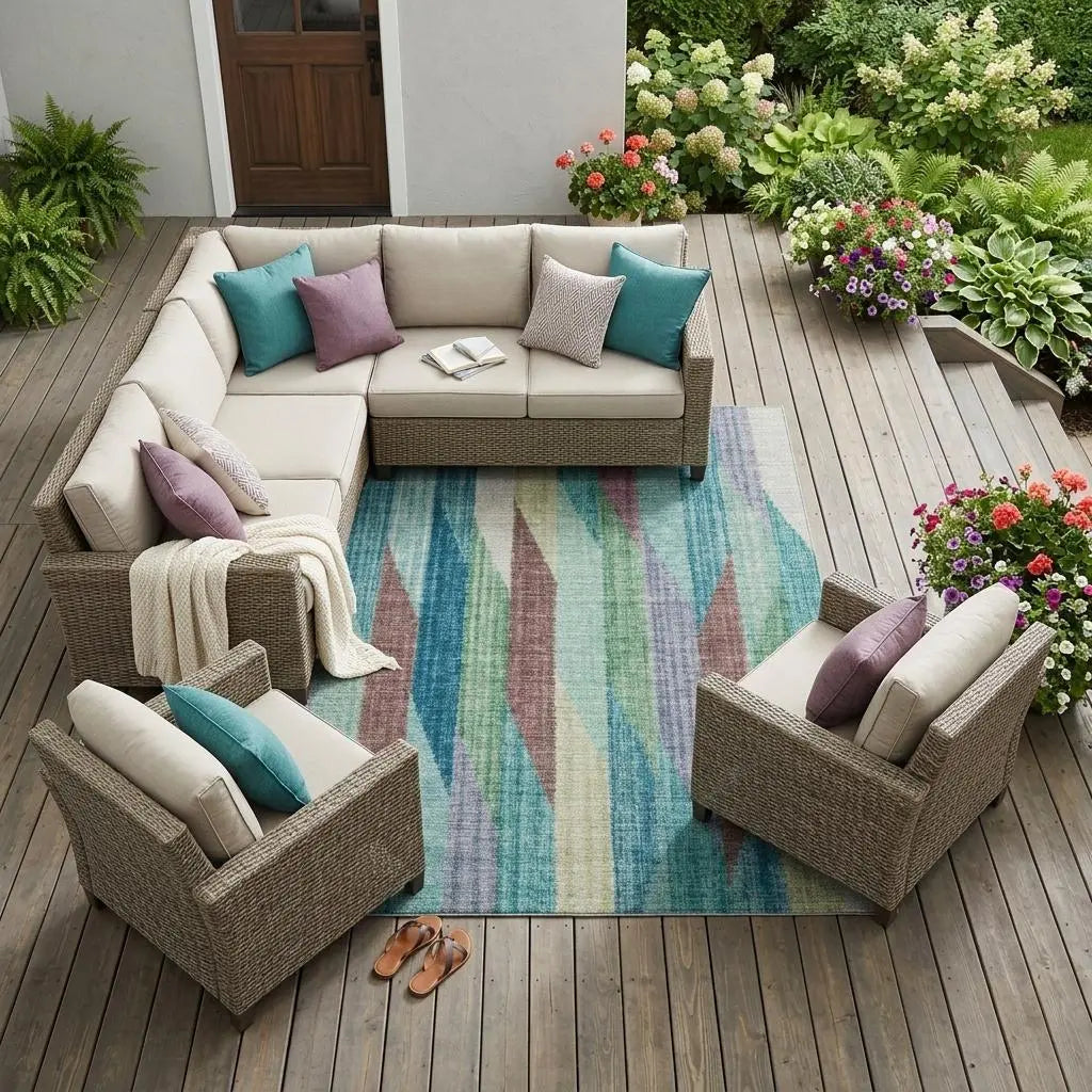 9' X 12' Teal Blue And Turquoise Striped Washable Indoor Outdoor Area Rug Homeroots Outdoor