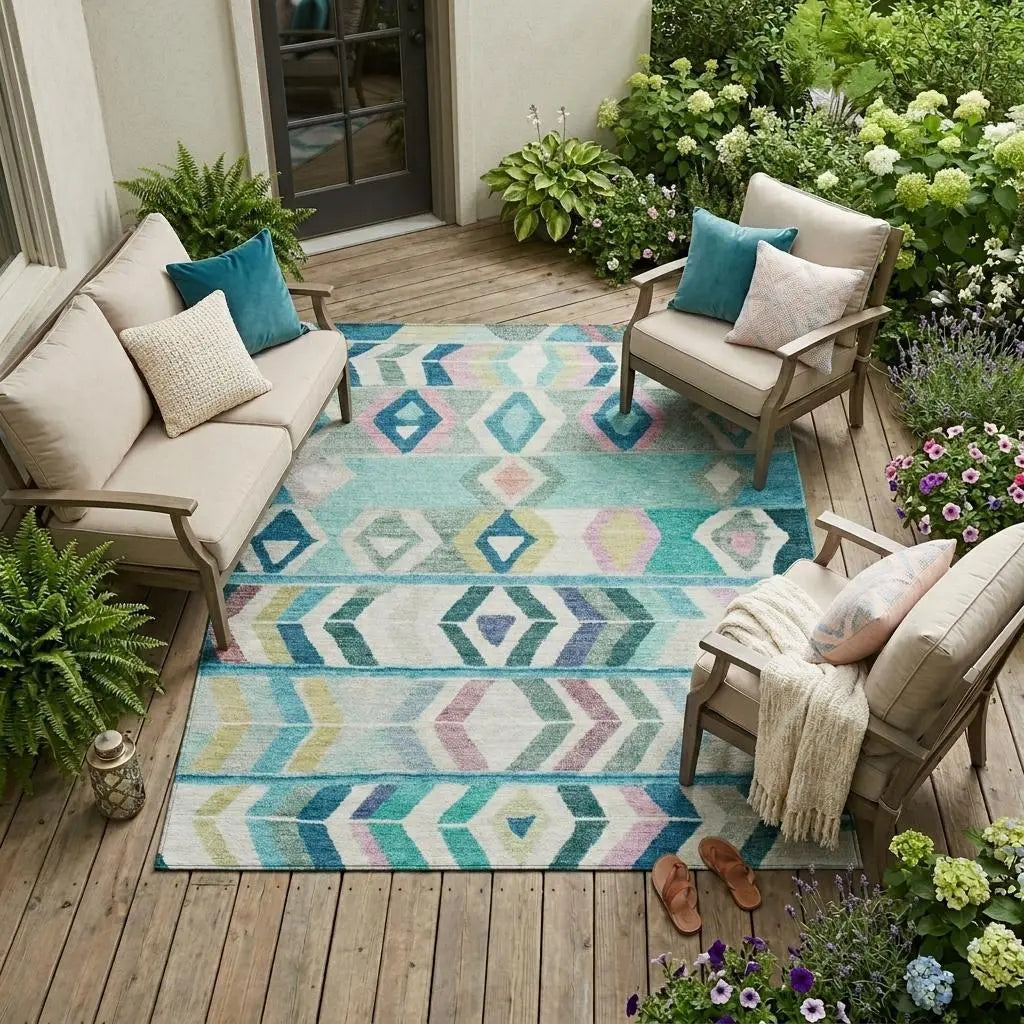 9' X 12' Teal Blue And Turquoise Tribal Washable Indoor Outdoor Area Rug Homeroots Outdoor